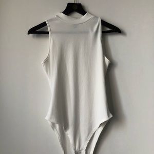 White/purple/nude mock neck body suit